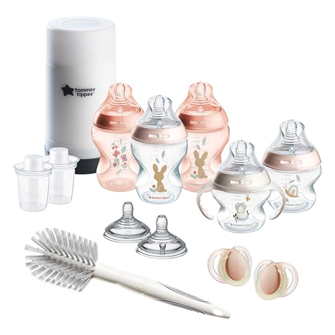 Tommee Tippee Natural Start 14 Piece Baby Bottle, Travel Bottle Warmer & Pacifier Set, 5 BPA Free Bottles, 0+ Months, 2 Newborn Pacifiers, 2 Extra Nipples, 2 Formula Dispensers, Bottle Brush, Pink