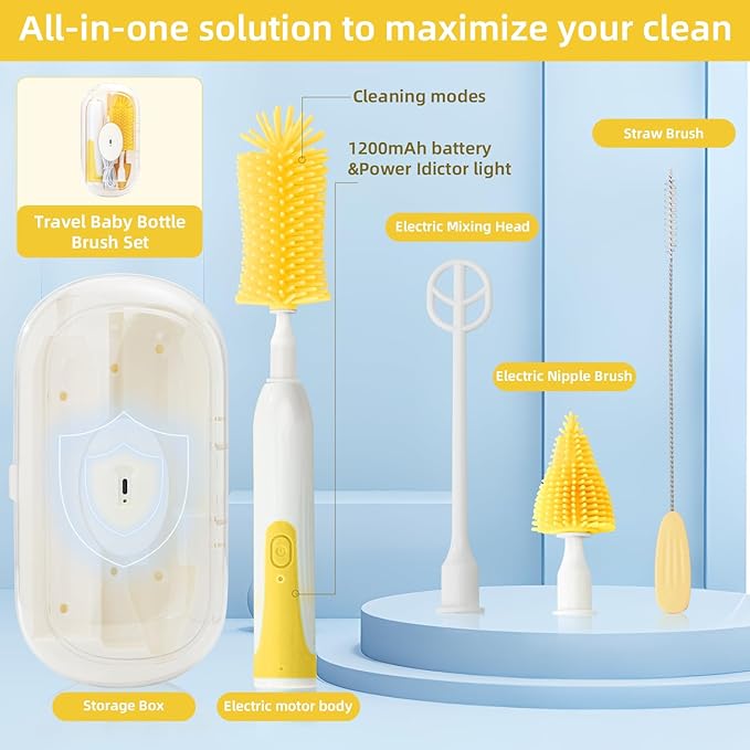 Electric Bottle Brush,Electric Baby Bottle Brush Set with Silicone Bottle/Pacifier/Straw Brush and Mixing Head, Water Bottle Cleaner Brush with Drying Rack, 2 Modes & 360° Rotation (Yellow)