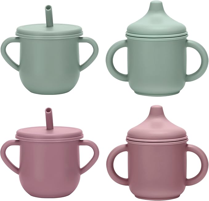 Silicone Toddler Cups Set, 2 Straw Cups and 2 Sippy Cups for 6+ Months Baby, Leakproof Spillproof Training Cups with Handles, Easy Clean (Green+Pink)