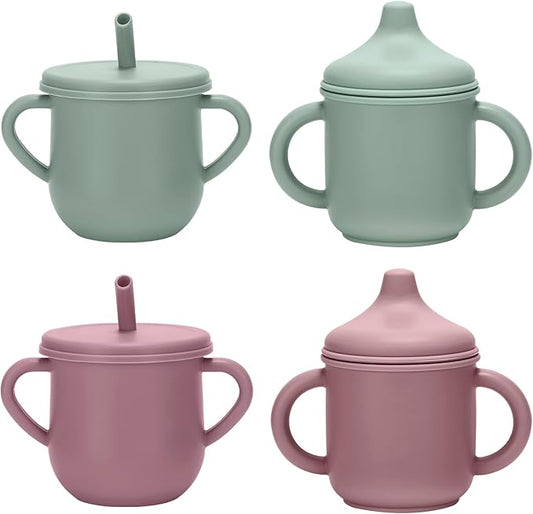 Silicone Toddler Cups Set, 2 Straw Cups and 2 Sippy Cups for 6+ Months Baby, Leakproof Spillproof Training Cups with Handles, Easy Clean (Green+Pink)