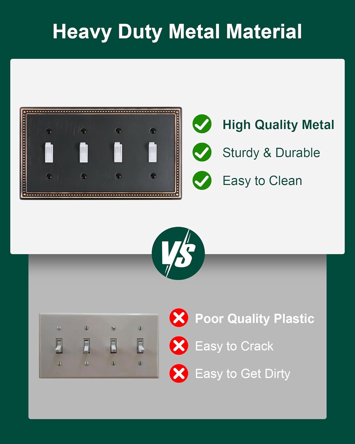 2-Pack Quad Toggle Light Switch Cover Plate, 4 Gang Metal Switch Plate Covers, Aged Bronze Pearls Decorative Wall Plate, Corrosion Resistant