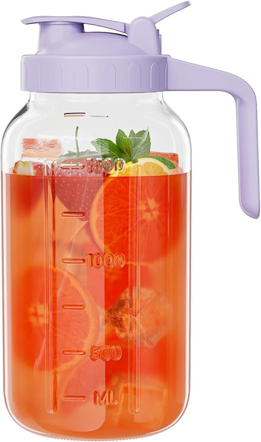 Glass Mason Jar Pitcher, 64 oz Wide Mouth Jug with Pour Spout Handle Lid for Cold Brew Coffee, Ice Beverage, Iced Juice, Lemonade, Sun Tea, Fruit Drinks Container（Purple）