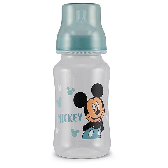 Disney Mickey Mouse Baby Bottles 11 oz for Boys or Girls | 2 Pack of Infant Hourglass Shaped Bottles with Cover for Newborns and All Babies | BPA-Free Plastic Baby Bottle for Baby Shower