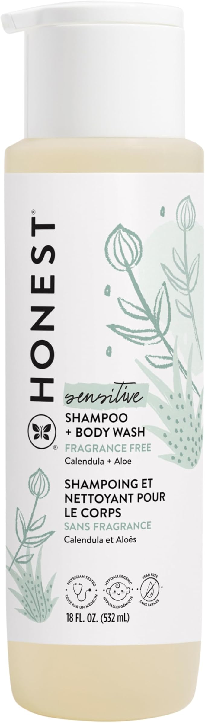 The Honest Company 2-in-1 Cleansing Shampoo and Body Wash for Sensitive Skin, Gentle Tear-Free Hypoallergenic Baby Wash with Naturally Derived Ingredients, Fragrance-Free, 18 fl oz