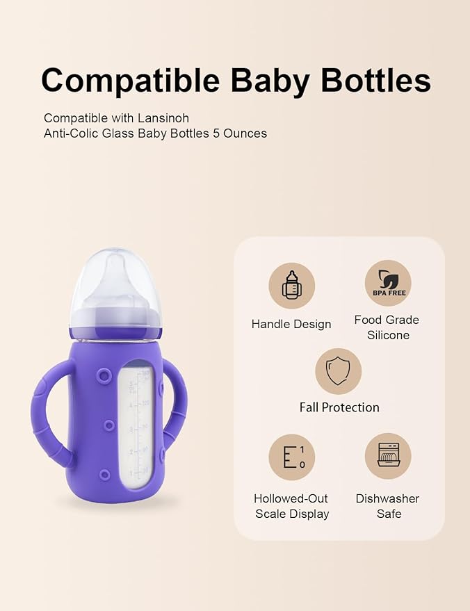 ZCH 4-Pack Silicone Sleeves with Handles for Lansinoh Glass Bottles, BPA-Free Drop-Resistant Baby Bottle Sleeves with Handles, Compatible with Lansinoh Anti-Colic Glass Baby Bottles (5 oz)