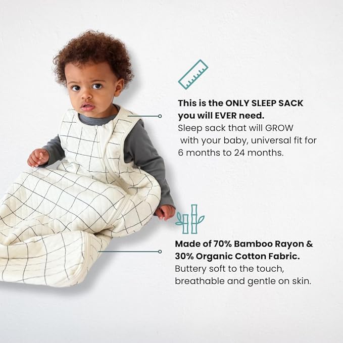 Tealbee Grow with Baby Sleep Sack – Adjustable Fit 6–24 Months for Babies & Toddlers, Soft Rayon from Bamboo Sleep Bag, Summer 0.8 TOG Wearable Blanket with 2-Way Zipper – Checkered