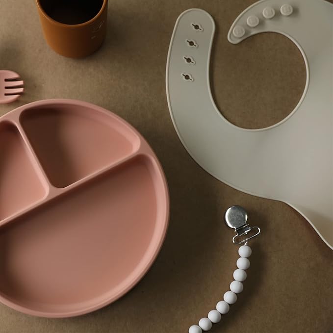 Moonkie Silicone Baby Bibs Set Of 2, BPA Free Soft Adjustable Fit Waterproof Feeding Bibs for Babies and Toddlers(Muted/Pale Mauve)