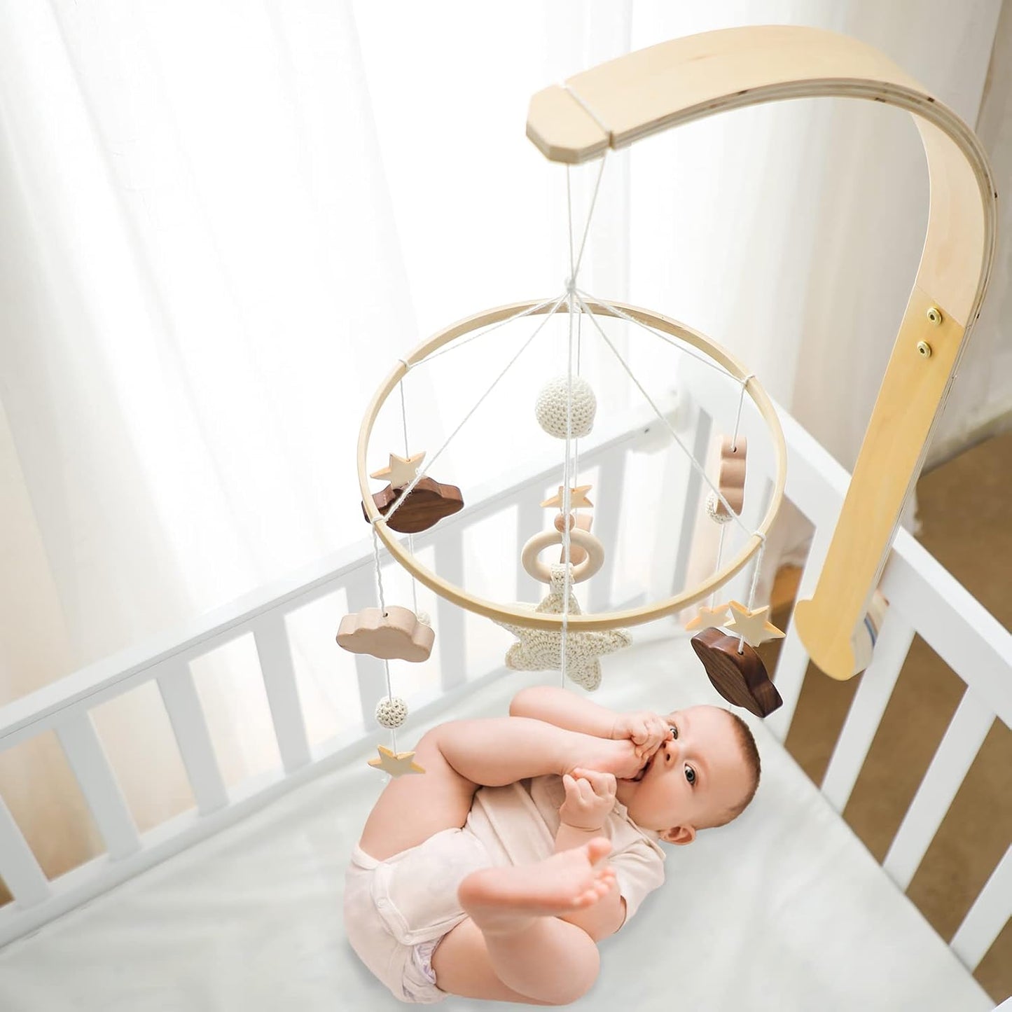 Baby Crib Mobile with Arm Boho Star Moon Nursery Mobile Set Wooden Baby Mobile Holder for Hanging Nursery Decor Ceiling Mobile