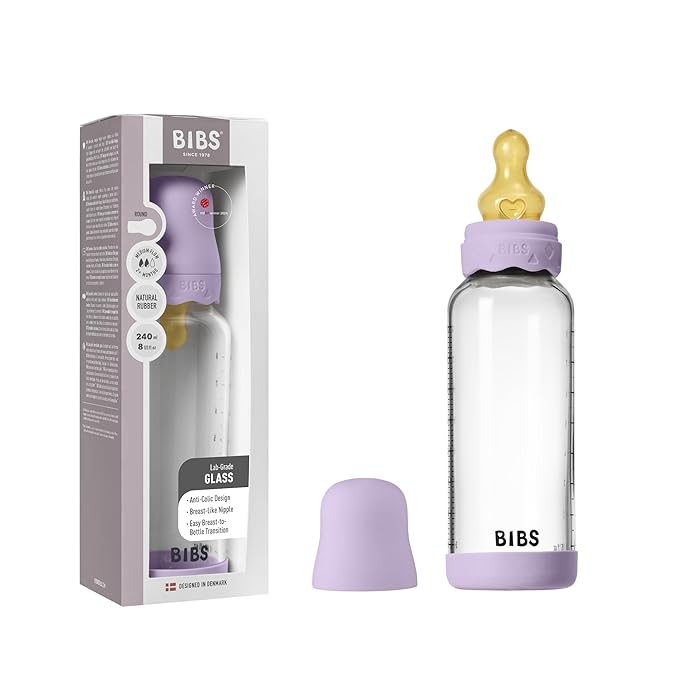BIBS Boheme Baby Glass Bottle 8 oz /240 ml. Anti-Colic. Round Natural Rubber Latex Nipple. Supports Natural Breastfeeding - Violet Sky