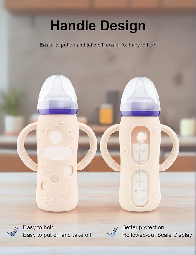 ZCH 4-Pack Silicone Sleeves for Lansinoh Glass Bottles, BPA-Free Drop-Resistant Baby Bottle Sleeves with Handles, Compatible with Lansinoh Anti-Colic Glass Baby Bottles (8 oz)