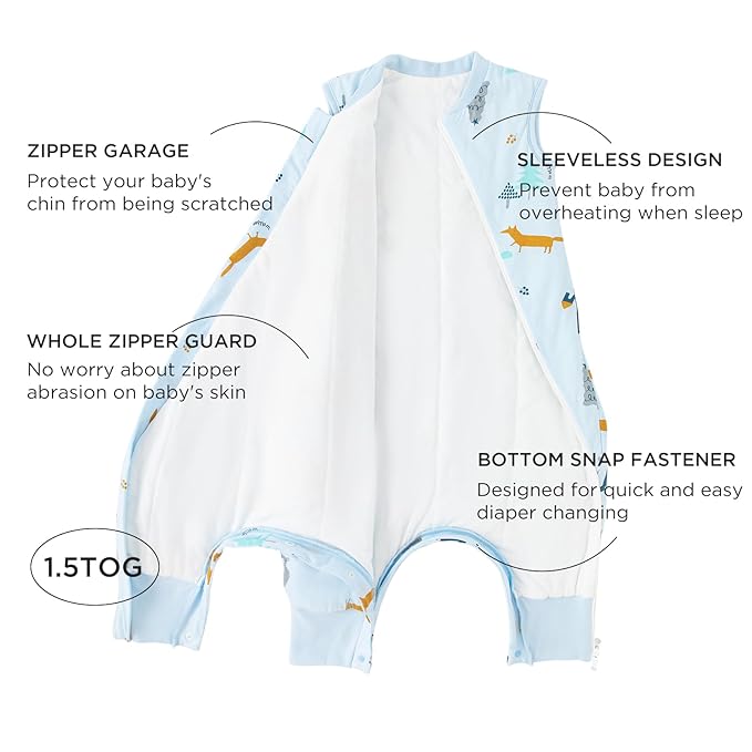 Duomiaomiao 1.5 TOG Toddler Sleep Sack 36-48 Months 100% Cotton Four Season Side Open Zipper Baby Sleep Sack with Feet, Breathable Toddler Wearable Blanket