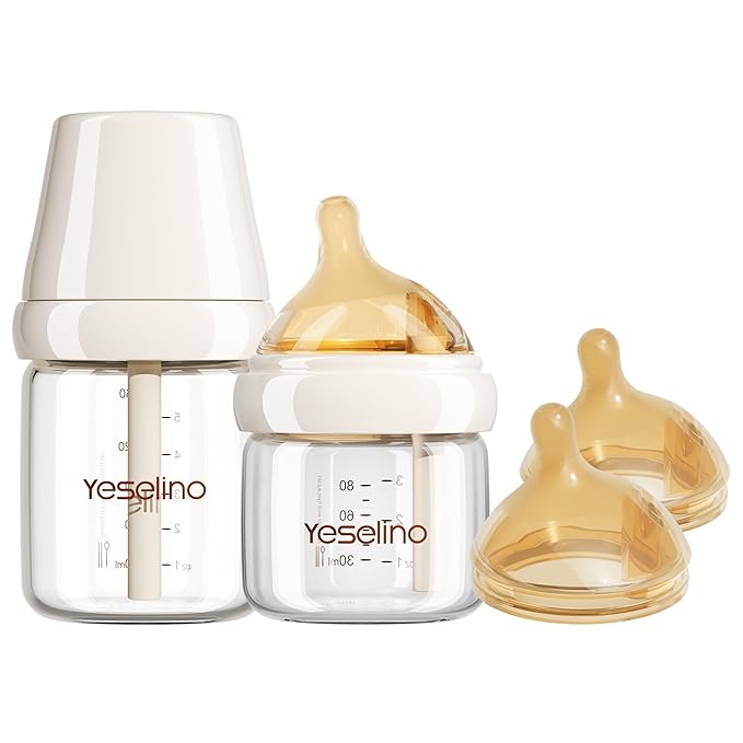 Natural Nursing Glass Baby Bottle - with Anti-Colic Vent System - BPA-Free, 2.7 oz and 5.4 oz with Slow Flow & Medium Flow Nipple, 0-6 Months, 2 Pack (Includes 4pcs Nipples)