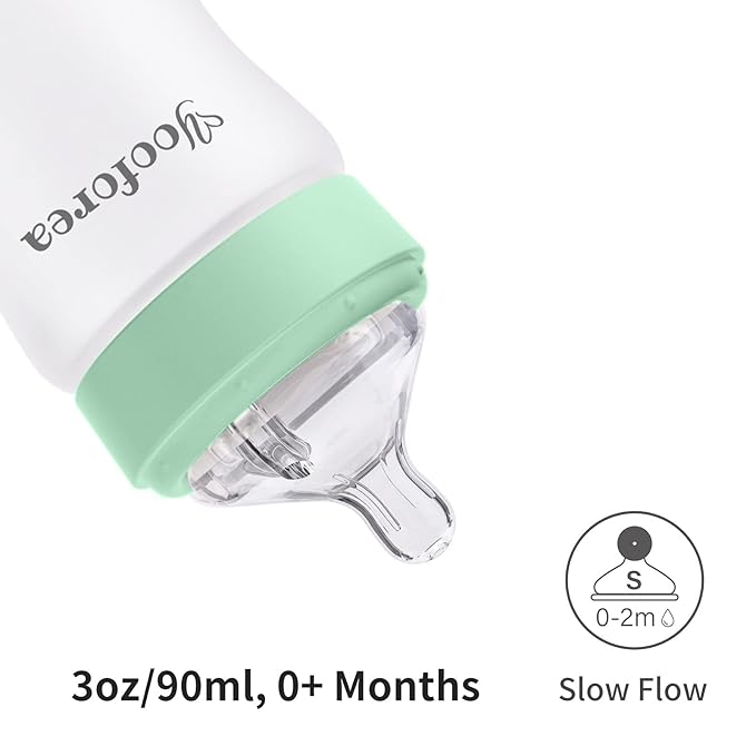Yooforea Silicone Coated Glass Baby Bottle, 0M+ Slow Flow Nipple I Anti-Colic, Wide Neck, Stable Base I Medical-Grade Silicone Coating for Shatter Protection, BPA BPS PVC Free (2 Pack, 3 Ounce-Tea)