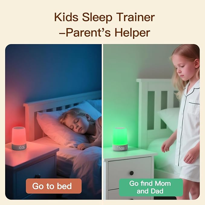 REACHER Sleep Trainer Alarm Clock for Kids, Night Light, White Noise Machine and OK to Wake Clock for Toddlers at Home or Travel, App-Free, Rechargeable