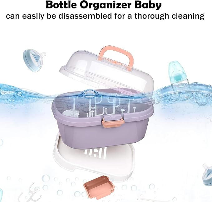 Baby Bottle Organizer for Storage, Baby Bottle Storage Large Capacity with Lid Cover Anti-Dust Protection and Cutlery Storage Drying Rack Portable Large Capacity Bottle Organizer Baby (purple)