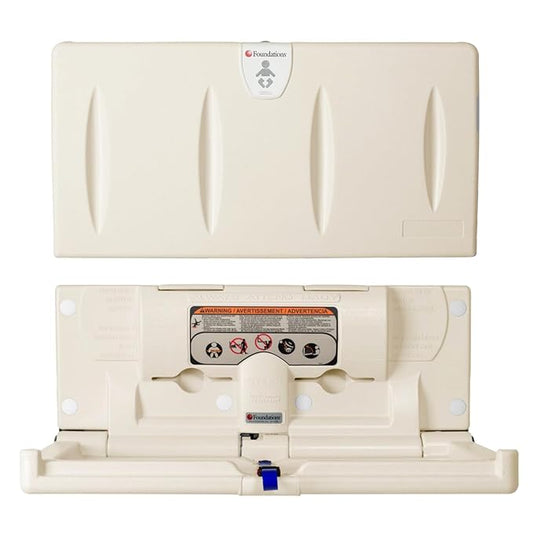 Foundations Classic Horizontal Baby Changing Station w/EZ Mount Backer Plate, Surface Mount, One Handed Adjustable Safety Strap & Liner Dispenser, Cream (5211089)