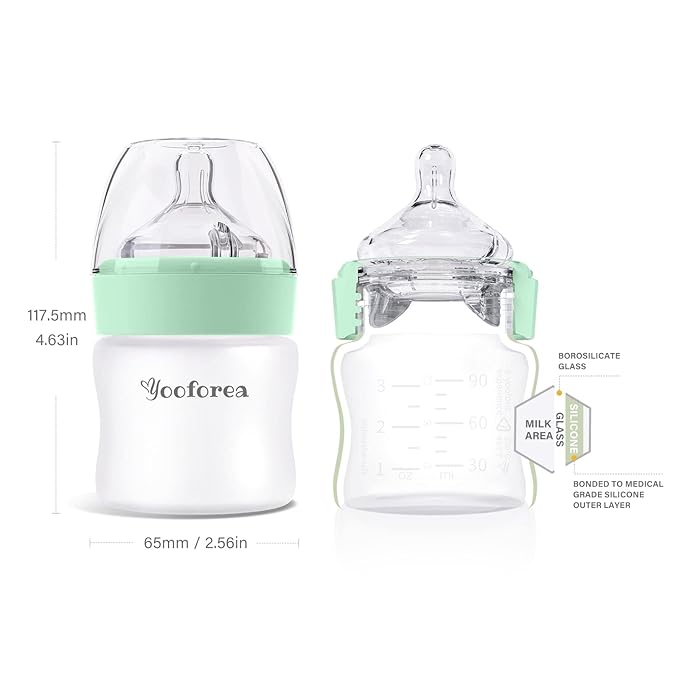 Yooforea Silicone Coated Glass Baby Bottle, 0M+ Slow Flow Nipple I Anti-Colic, Wide Neck, Stable Base I Medical-Grade Silicone Coating for Shatter Protection, BPA BPS PVC Free (2 Pack, 3 Ounce-Tea)