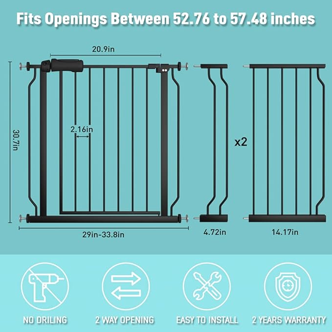 WAOWAO Baby Gate 52.76-57.48" Extra Wide Pressure Mounted Walk Through Swing Auto Close Safety Black Metal Toddler Kids Child Dog Pet Puppy for Stairs,Doorways,Kitchen