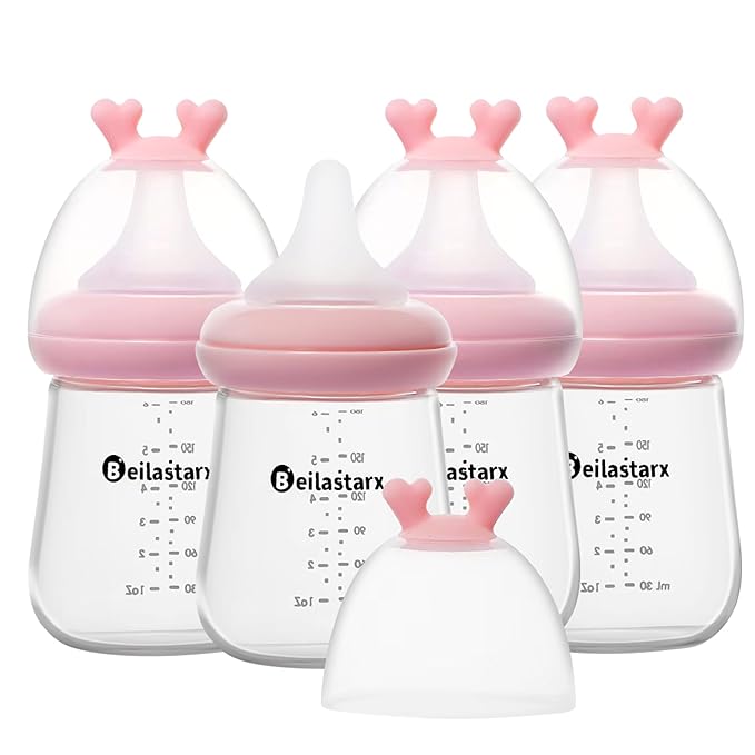 Glass Baby Bottles with Natural Response Nipple Size S - Anti Colic Baby Bottles Wide Neck Slow Flow Baby Bottle (Red, 6oz (Pack of 4))