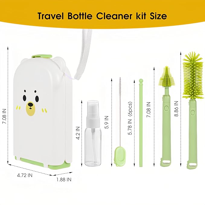 Portable Baby Bottle Brush Set, 7-in-1 Travel Baby Bottle Cleaning Kit, Portable Bottle Washing Kit with Silicone Bottle Brush, Nipple Brush, Straw Brush, Drying Rack for Home & Travel (Green)