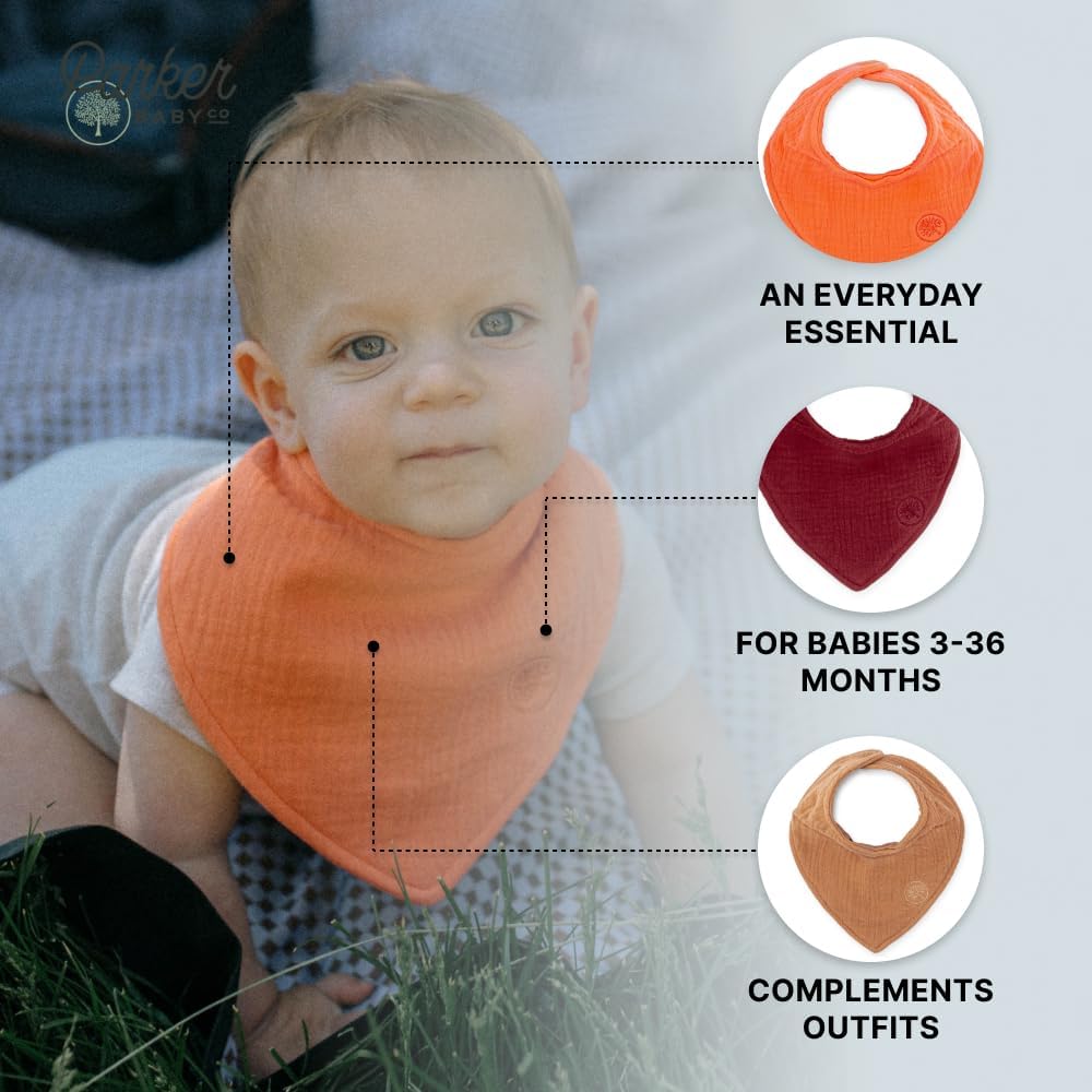 Parker Baby Muslin Bandana Drool Bibs | 100% Soft Muslin Cotton, Absorbent & Adjustable | Stylish Teething & Drooling Bibs