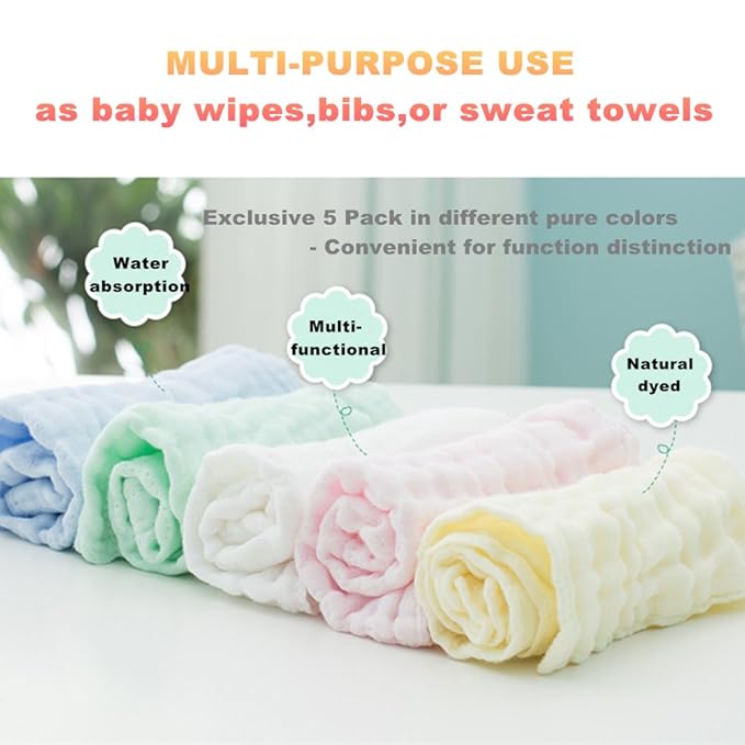 MUKIN Baby Washcloths - Natural Cotton Baby Wipes - Soft Newborn Face Towel for Sensitive Skin - 10 Pack, 12x12 inches (Multicolored)