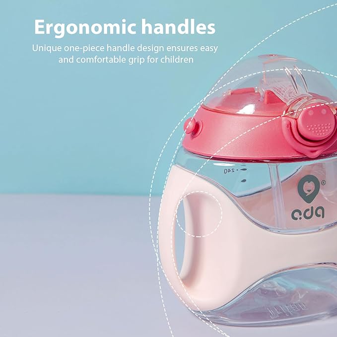 Baby Straw Water Bottle with Handles and Strap, Portable Travel Toddler Cup for School,11 Ounce(Pink)