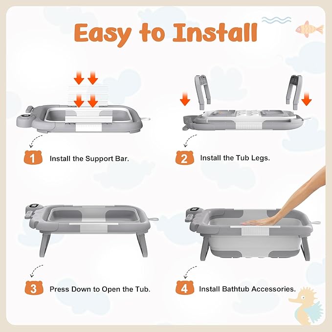 Collapsible Baby Bathtub for Newborn to Toddler (0-24 Months), Portable Baby Bath Tub for Travel, Newborn Bathtub with Soft and Supportive Cushion (Astronaut-Gray)