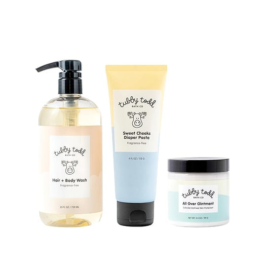 TUBBY TODD Baby Bundle Newborn Skin Care Set - Hypoallergenic Hair + Body Wash, All Over Ointment with Colloidal Oatmeal, Sweet Cheeks Diaper Paste - Fragrance-Free, Full Size