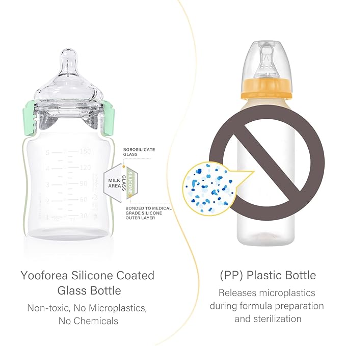 Yooforea Silicone Coated Glass Baby Bottle, 6M+ Fast Flow Nipple I Anti-Colic, Wide Neck, Stable Base I Medical-Grade Silicone Coating for Shatter Protection, BPA BPS PVC Free (9 Ounce-Tea)