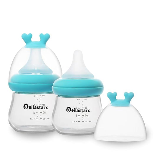 Glass Baby Bottles with Natural Response Nipple Size SS - Anti Colic Baby Bottles Wide Neck Slow Flow Baby Bottle (Blue, 4oz (Pack of 2))