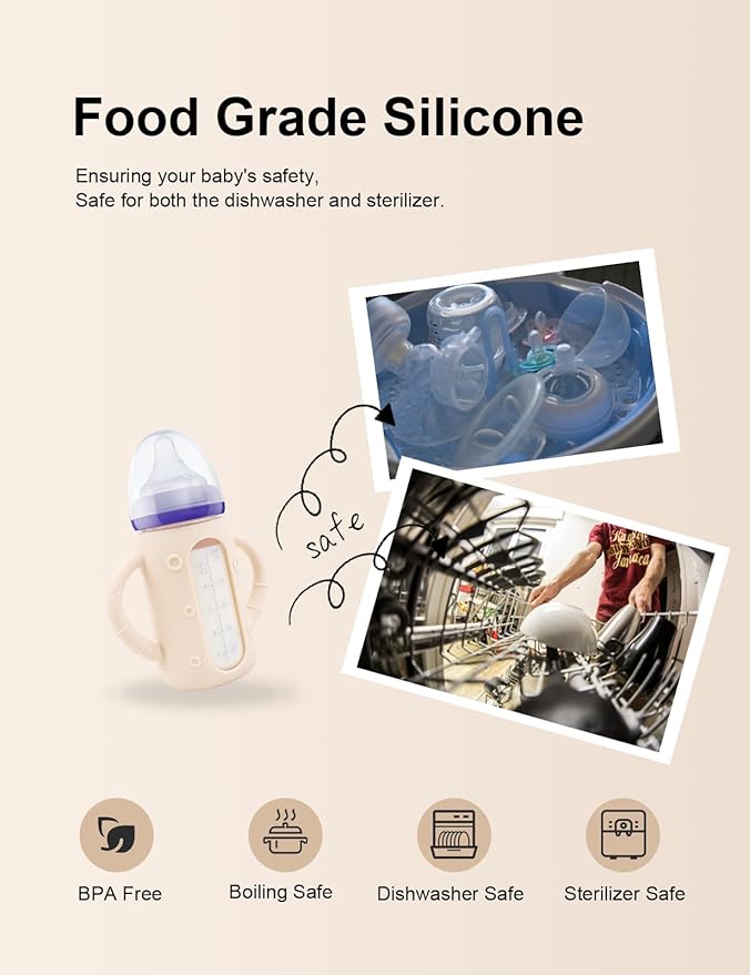 ZCH 4-Pack Silicone Sleeves for Lansinoh Glass Bottles, BPA-Free Drop-Resistant Baby Bottle Sleeves with Handles, Compatible with Lansinoh Anti-Colic Glass Baby Bottles (5 oz)