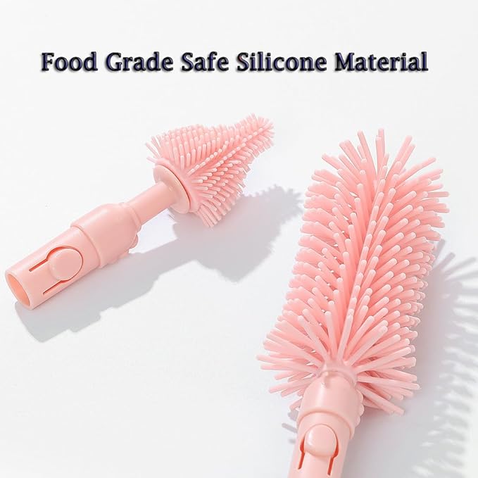 6 In1 Baby Bottle Brush Kit,Portable Silicone Bottle Brush Cleaner Set with Straw Brush,Nipple Brush,Drying Rack,Soap Dispenser,Storage Bag for Travel or Home (Pink)