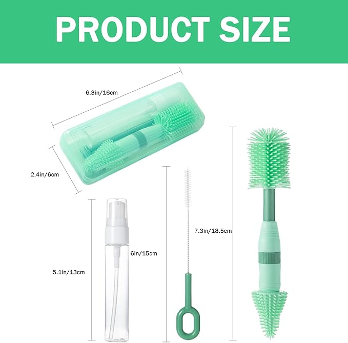 Travel Bottle Brush, 6-in-1 Portable Travel Bottle Cleaner Kit with Small Bottle Brush Built in Drying Rack, Nipple Brush, Straw Brush, Soap Dispenser, for Baby Bottles Under 8 OZ, BPA-Free(Green)