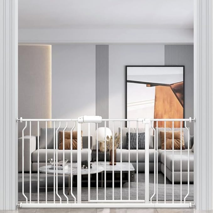 WAOWAO Baby Gate 52.76-57.45" Extra Wide Pressure Mounted Walk Through Swing Auto Close Safety White Metal Toddler Kids Child Dog Pet Puppy for Stairs,Doorways,Kitchen