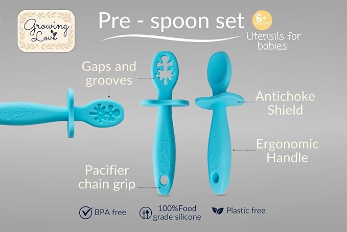 Growing Love Baby Spoons Set, Self Feeding 6 months, Pre-Spoon, Baby utensils, training spoon, cuchara bebe, blw, 100% silicone, Anti choke shield