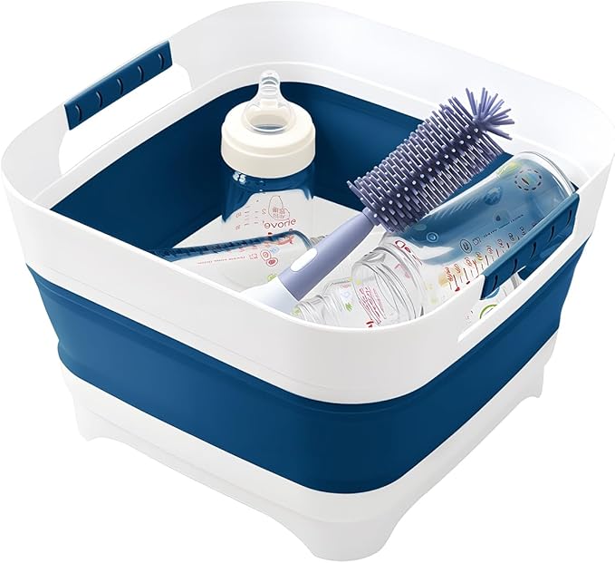 Collapsible Wash Basin for Baby Bottles - 2.4 Gallons Portable Wash Bin for RV Camping Sink, Space-Saving Dish Tub.Laundry & Utility Room Sinks (Navy Blue)