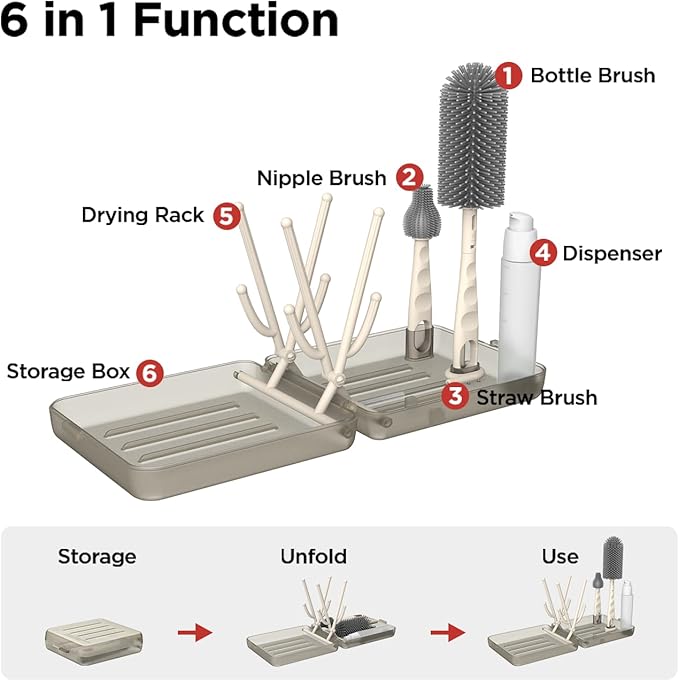 YOTIME Travel Bottle Brush Set, Auto-Open Rack & Vertical Brushs Drying Slots, 3 Brushes, Foldable Drying Rack, Dispenser, Travel Baby Essentials for On-The-Go Parents, Coffee