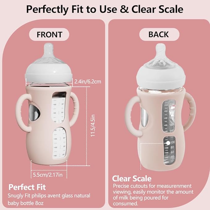 4 Pack Silicone Sleeves for Avent Natural Glass Bottles, Anti Breakage Baby Bottle Protector with Easy-Grip Handle, Compatible Philips Avent Glass Natural Bottle 8 oz, Not for Infant Use