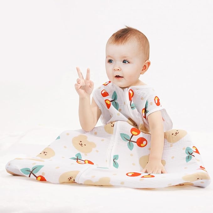 2 Pack Baby Sleep Sack 12-18 Months 100% Organic Cotton Muslin Baby Sleeping Bag 2-Way Zipper Wearable Blankets (Flower & Cherry, Large)