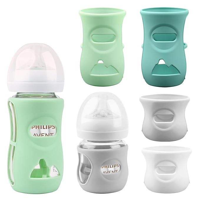 Silicone Sleeves for Avent Glass Natural Baby Bottle,4 Pack Bottles Shatter Proof Bottle Covers,Anti Flow Holder Compatible Baby Bottle 4 oz & 8 oz,BPA Free(Grey+White+Blue+Green)