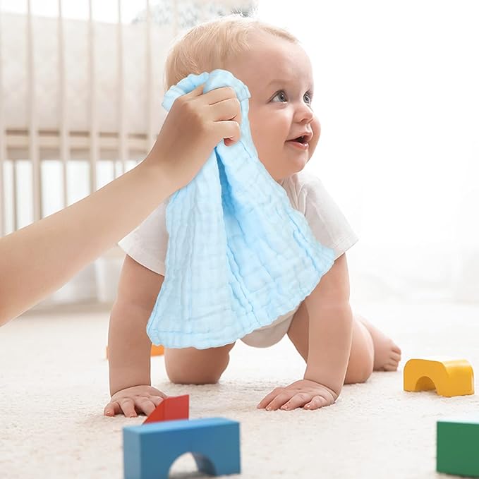 Yoofoss Muslin Baby Washcloths 100% Organic Cotton Face Towels 10 Pack Wash Cloths for Baby 12x12in Soft and Absorbent Baby Wipes (Multicolor)