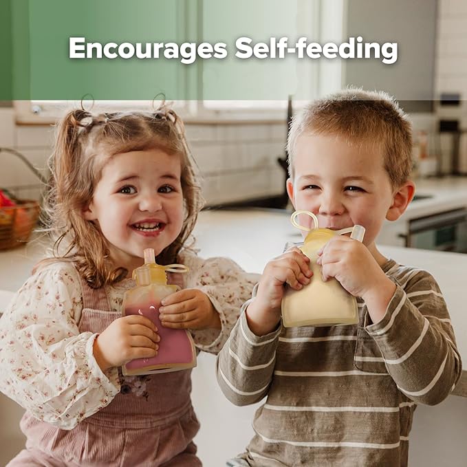 haakaa Baby Food Pouch Refillable Baby Squeeze Silicone Yummy Pouch, Soft Reusable Squeeze Storage Food Pouch for Kids Toddler,Home Made Food Puree,Smoothie Pouch Bag, 4oz, 4 Pack,6m+ (Yellow)