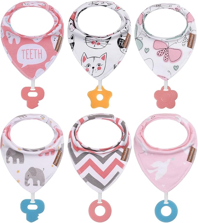 Baby Bandana Drool Bibs 6-Pack and Teething Toys 6-Pack Made with 100% Organic Cotton, Absorbent and Soft Unisex