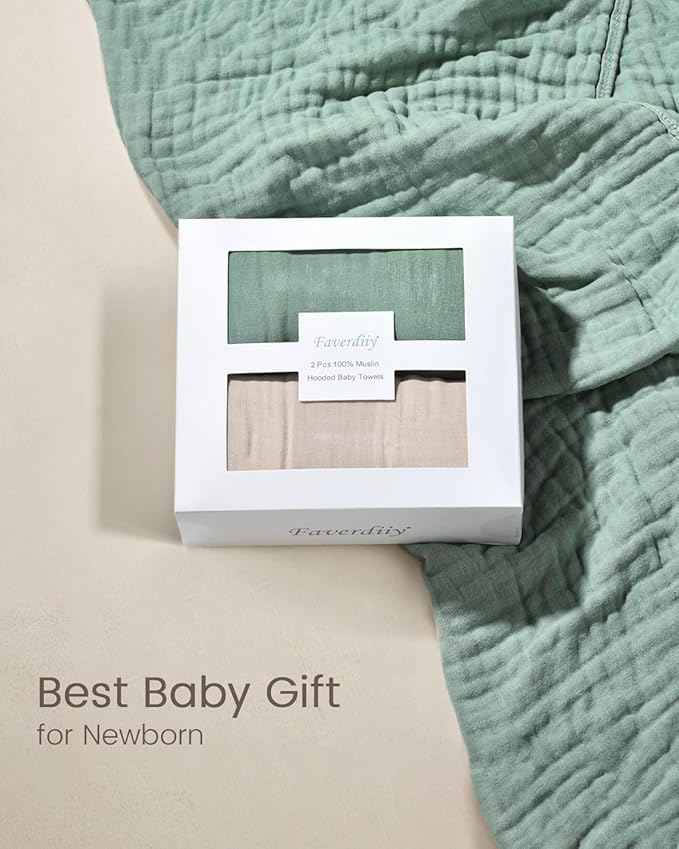 Hooded Baby Towels for Newborn, 35x35 Inch 2 Pack 100% Muslin Cotton Baby Bath Towel, Soft Baby Beach Towels with Hood for Infants, Toddlers and Kids, Essentials Must Haves