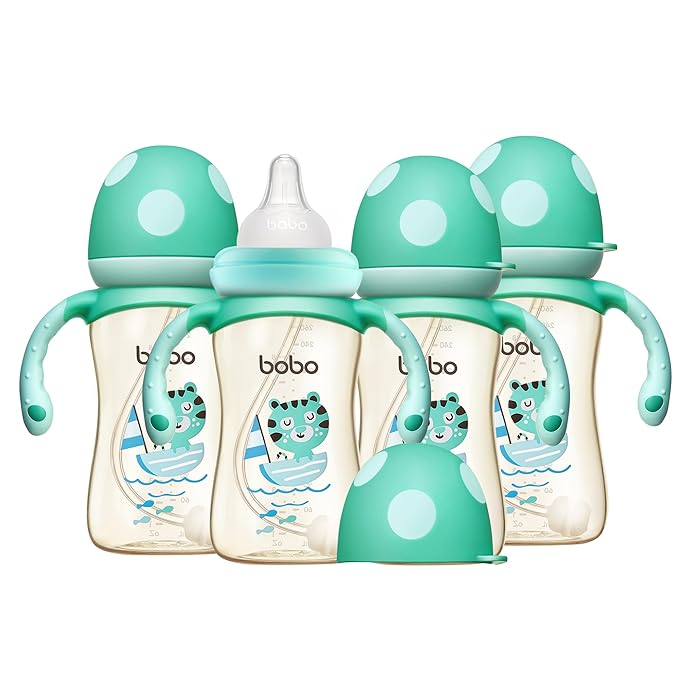 YOHKOH Natural PPSU Baby Bottle with Natural Response Nipple, Newborn Anti-Colic Baby Bottles with Handle, Wide Neck Mushroom Cap Baby Bottle (8.8oz (Pack of 4), Blue)