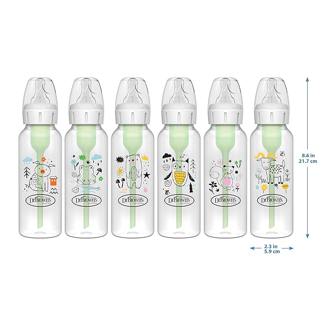 Dr. Brown's Natural Flow Anti-Colic Options+ Narrow Baby Bottle, Squirrel & Goat, 8 oz/250 mL, with Level 1 Slow Flow Nipple, BPA Free, 0m+, 2-Pack