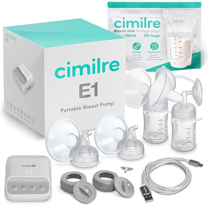 E1 Portable Breast Pump & Breast Milk Storage Bags Bundle – Compact Double Electric Pump with 120 Leak-Proof 7oz Bags for On-The-Go Pumping & Milk Storage