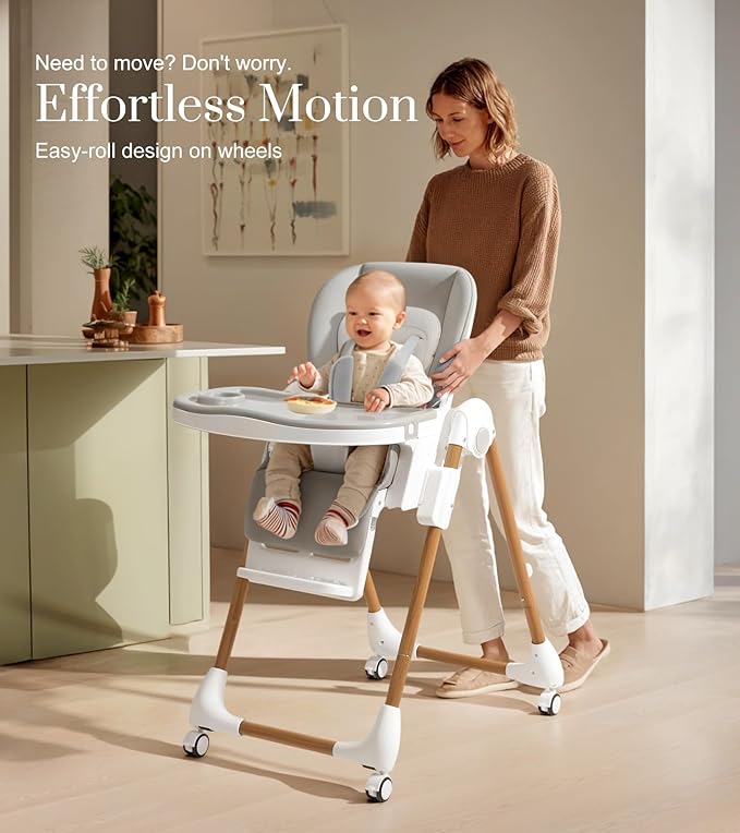 Mallify Foldable High Chairs for Babies and Toddlers, 3-in-1 Convertible Baby High Chair with Removable Soft Cushion and Tray, Adjustable Height & Recline, Lockable Wheels, Ligh Gray