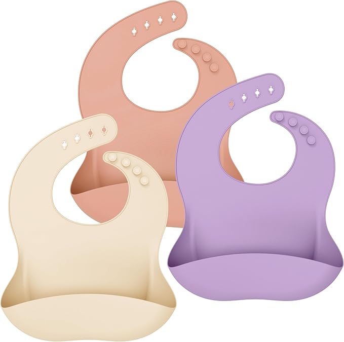 Cuddle Campus Set of 3 Silicone Bibs for Babies & Toddlers,Soft Adjustable Bibs with Pocket Food Catcher for Baby Girl,Boy